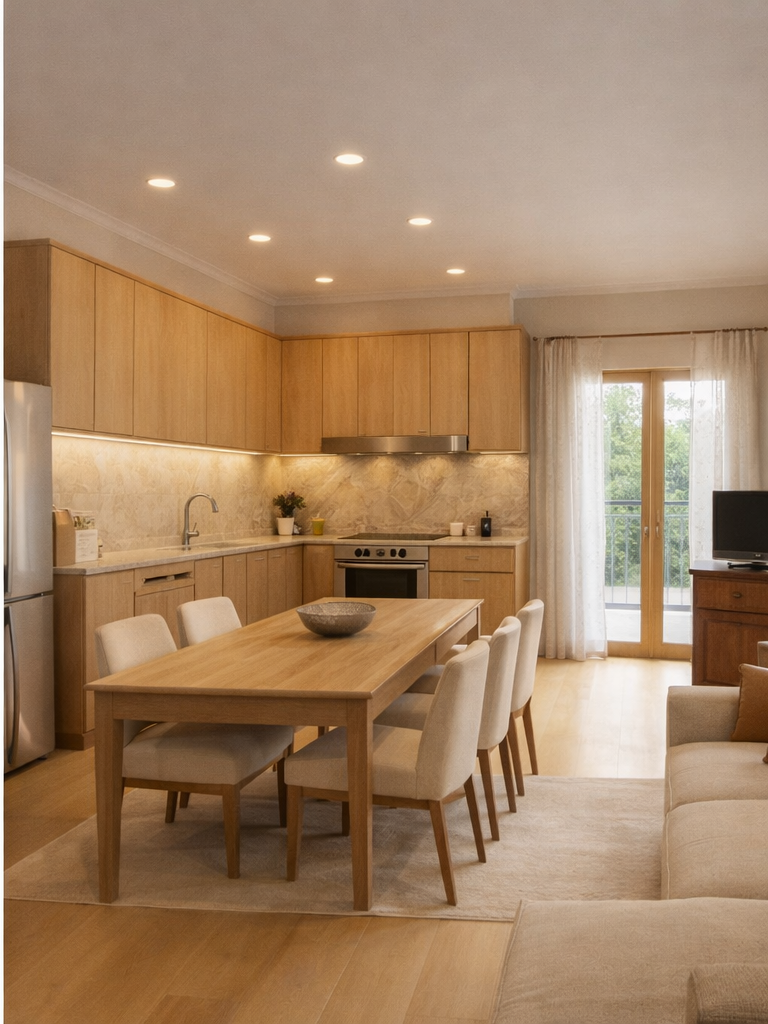 Casa depois da remodelação, com zona social integrada, materiais claros e linguagem contemporânea